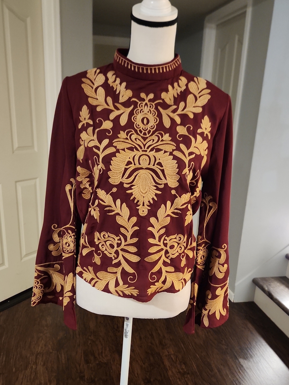 Gimmicks Maroom Gold Embroidered Zipper Back Blouse With Flare Sleeves